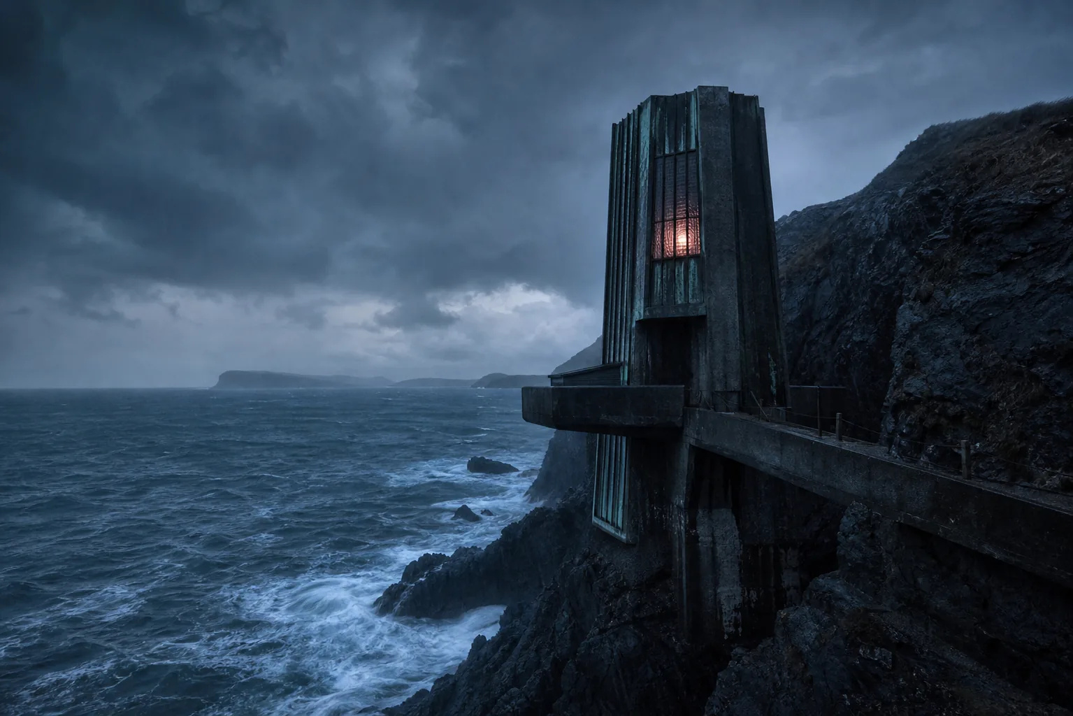 A dark tidal observatory standing over storm water