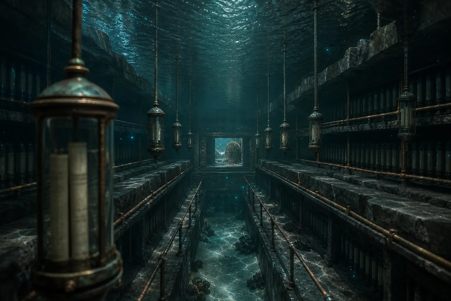 A submerged archive hall of basalt shelves and hanging glass capsules